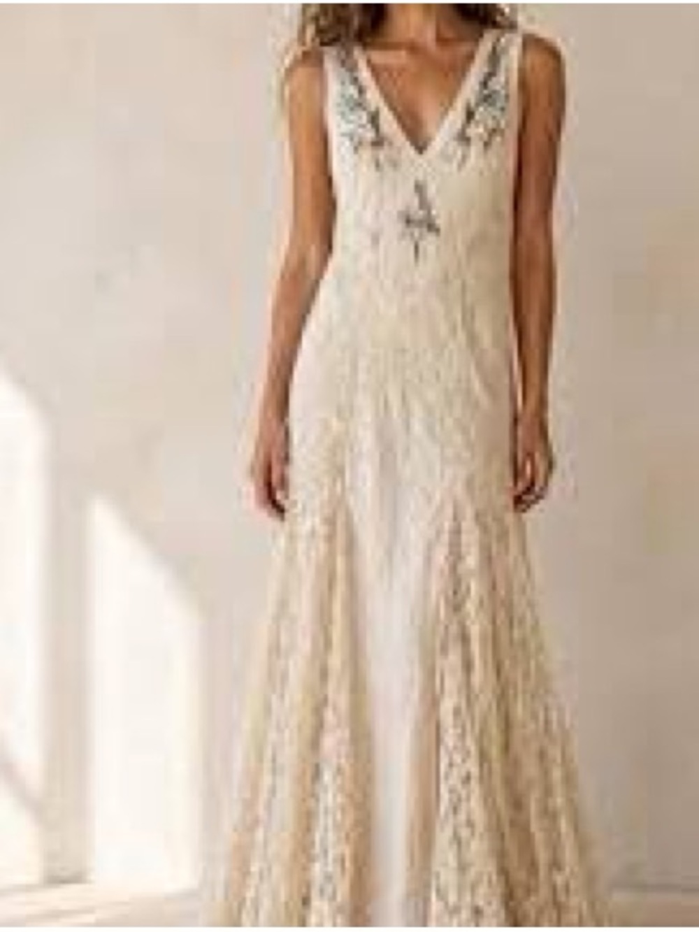 Zara Magnolia Cream Lace V-Neck maxi dress with Embroidered Accents